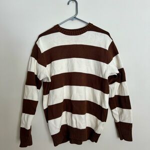 Brandy Melville Brown and White Striped Crewneck Sweater
